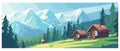 Banner, mountain house in spring, flat illustration vector, spring, mountains,