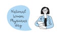 Banner National Women Physicians Day. Doctor. Diversity women in different poses. Vector doodle illustration