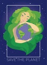 Banner with natural woman with green hair hugging our planet