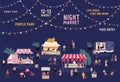 Banner of night market with place for text on garland vector flat illustration. Promo of nighttime fair with men and