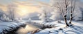 Banner Northern winter landscape with trees and river image generative ai.