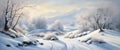 Banner Northern winter landscape with trees and river image generative ai.