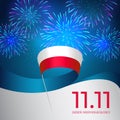 Banner november 11, poland independence day, vector template of the polish flag. Blue background with fireworks and waving flag