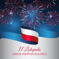 Banner november 11, poland independence day, vector template of the polish flag. National holiday. Waving flag on blue background