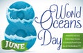 Number Covered in Waves, Ribbon and Precepts for Oceans Day, Vector Illustration