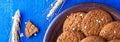 Banner of Oatmeal cookies in brown plate on blue background