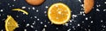 Banner of Oatmeal cookies and orange citrus fruit background. Flat lay