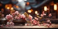 Banner with old vase with cherry blossom and chinese street copy space. Chinese Lunar New Year concept. Shallow depth of field