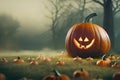 Banner one big glowing jack-o-lantern pumpkin and many tiny, dark, blurry backgrounds., a Halloween image Royalty Free Stock Photo