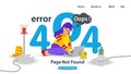 Banner Oops 404 error page not found Internet connection problems Girl on her knees with laptop sitting in front of numbers for