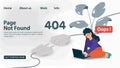 Banner Oops 404 error page not found Internet connection problems small woman with laptop trying to go online for websites and