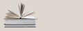Banner with open and closed books. Education, learning information concept. Hardcover books stack with place for text. Royalty Free Stock Photo