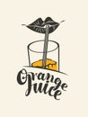 Banner for orange juice with lips glass and straw