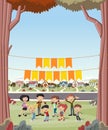 Banner over cartoon family in suburb neighborhood. Royalty Free Stock Photo