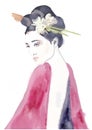 Banner Painting geisha woman. Watercolor illustration asian woman in kimono and chopsticks and flowers in hair