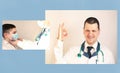 Portrait of a young caucasian doctor wearing protective mask with serious expression banner panoramic blue background. COVID-19 Royalty Free Stock Photo