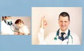 Portrait of a young caucasian doctor wearing protective mask with serious expression banner panoramic blue background. COVID-19 Royalty Free Stock Photo