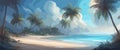 Banner Paradise beach of a tropical island, palm trees, white sand, azure water, sky with clouds