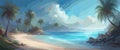 Banner Paradise beach tropical island, palm trees, white sand, azure water, sky with clouds. Vector Royalty Free Stock Photo