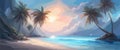 Banner Paradise beach tropical island, palm trees, white sand, azure water, sky with clouds. Vector Royalty Free Stock Photo