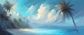 Banner Paradise beach tropical island, palm trees, white sand, azure water, sky with clouds. Vector Royalty Free Stock Photo