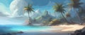 Banner Paradise beach tropical island, palm trees, white sand, azure water, sky with clouds. Vector Royalty Free Stock Photo