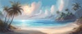 Banner Paradise beach tropical island, palm trees, white sand, azure water, sky with clouds. Vector Royalty Free Stock Photo