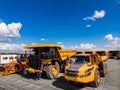 Banner parking enginery car industrial technology open pit mine industry, big yellow mining truck for coal anthracite Royalty Free Stock Photo