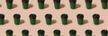Banner, pattern with eco paper green coffee cup on beige background, mockup image