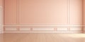 A banner with a peach fuzz color room baroque stile walls with white lines and a beige wood floor. Copy space