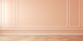 A banner with a peach fuzz color room baroque walls with white lines and a beige wood floor. Copy space. Background for