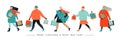 Banner with people hurrying for a great Christmas sale. Men and women are buying gifts. Vector illustration in cartoon