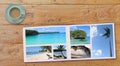 Banner Photobook Album with Travel Photo on Wooden Table background and Coffee or Tea in Cup