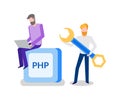 Banner PHP Two Working Men with wrench Vector Royalty Free Stock Photo