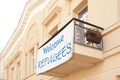 Banner with phrase WELCOME REFUGEES on building outdoors Royalty Free Stock Photo