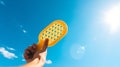 banner pickleball game, hands over blue sky hitting pickleball yellow ball Royalty Free Stock Photo