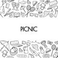 Banner with picnic doodle elements with free place for text on white background. Summer hand drawn barbecue theme Royalty Free Stock Photo