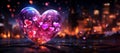 A banner with pink big glass see through heart with little hearts inside of it standing. Blurred city on fire and bokeh