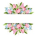 Banner with pink, blue, and white spring flowers. Vector illustration Royalty Free Stock Photo