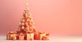 Banner Pink, Peach Color Christmas Tree, Pine with Golden Ball Toys, Decorations With Gift