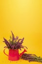 Banner with a pink watering can and a bouquet of lavender on a bright yellow background. Template for the florist. Side view.