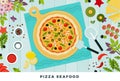 Banner pizza seafood with products. Vector illustration in flat design. Pizza with a top view.