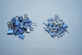 Banner plastic head push pins thumbtacks isolated on blue background