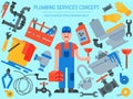 Banner of plumbing services vector illustration. Plumber with tool case surrounded by plumbing things for repair and