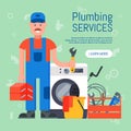 Banner of plumbing services vector illustration. Professional plumber man with tool case and adjustable wrench is