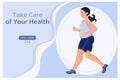 Banner, plump girl in sneakers goes in for sports, running. Modern healthcare concept. Illustration