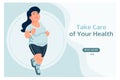 Banner, plump girl in sneakers goes in for sports, running. Modern healthcare concept. Illustration