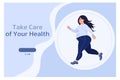 Banner, a plump girl in a tracksuit and sneakers goes in for sports, running. Modern healthcare concept. Royalty Free Stock Photo