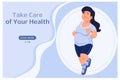 Banner, a plump girl in a tracksuit and sneakers goes in for sports, running. Modern healthcare concept