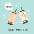 Banner for popular taiwanese bubble milk tea. Two take away glasses with pearl milk tea and brown sugar syrup bubble tea